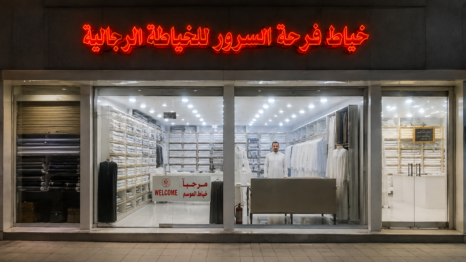 Bespoke tailor fitting a Saudi thobe
